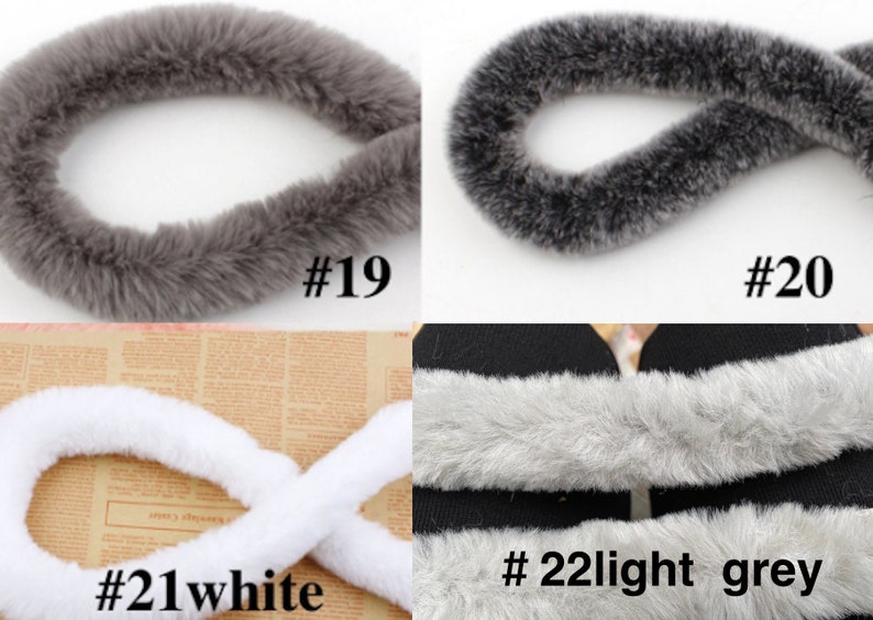 May include: Four samples of faux fur trim in different colors. The first sample is a dark gray fur trim labeled #19. The second sample is a lighter gray fur trim labeled #20. The third sample is a white fur trim labeled #21white. The fourth sample is a light gray fur trim labeled #22light gray.