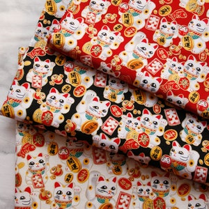 Lucky Cat Cotton Fabric: Japanese Kimono Style Pattern