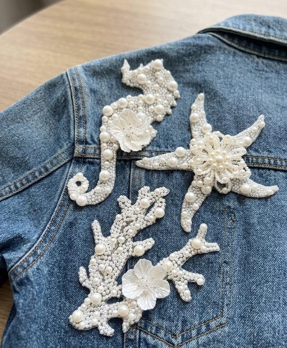Pearl Starfish Seahorse Coral Applique Set, Beaded Coastal Bridal Patches, Mermaid Wedding Dress Motif, DIY Luxury Craft Supply