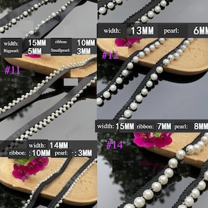 May include: Assortment of black ribbons with white pearl beads. The ribbons vary in width from 10mm to 17mm, with pearl sizes ranging from 3mm to 10mm. Some ribbons have a satin finish, while others have a textured edge. Ideal for crafts and embellishments.
