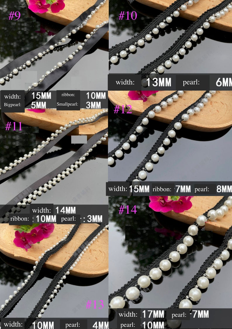 May include: Assortment of black ribbons with white pearl beads. The ribbons vary in width from 10mm to 17mm, with pearl sizes ranging from 3mm to 10mm. Some ribbons have a satin finish, while others have a textured edge. Ideal for crafts and embellishments.