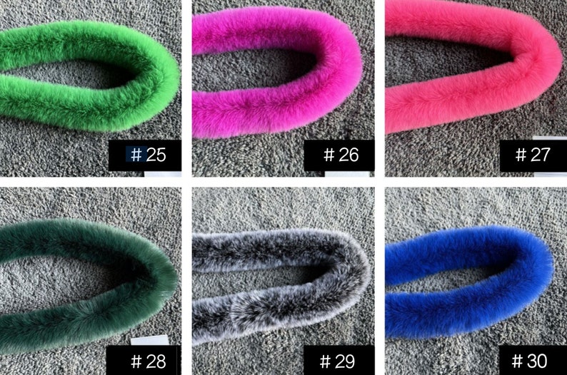 May include: Six different colours of faux fur trim, each in a loop shape. The colours are green, pink, hot pink, dark green, grey, and blue. The trim is labelled with numbers 25 through 30.