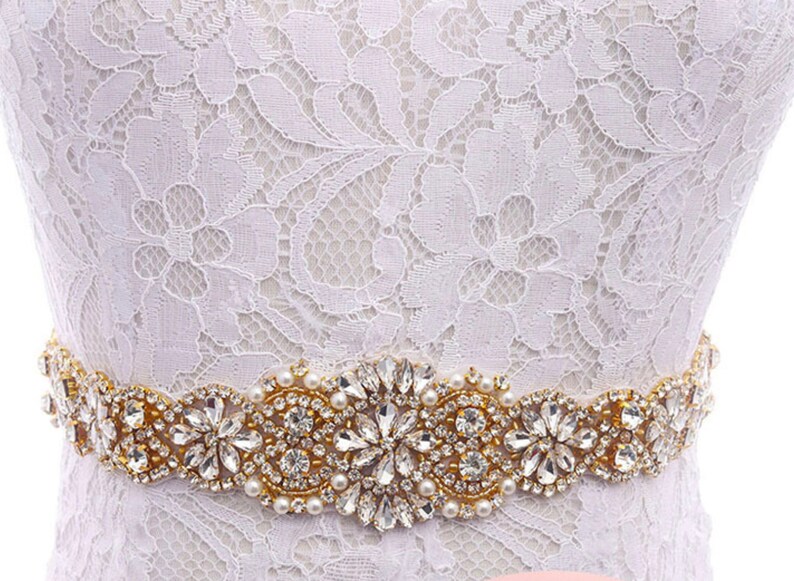 Iron On Sew On Rhinestone Crystal applique Silver Gold Pearl Rhinestone applique NO RIBBON Wedding dress long applique Rose Gold
