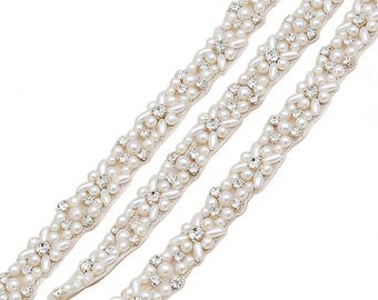 Pearl Rhinestone Applique: Crystal Bridal Wedding Dress Belt Trim