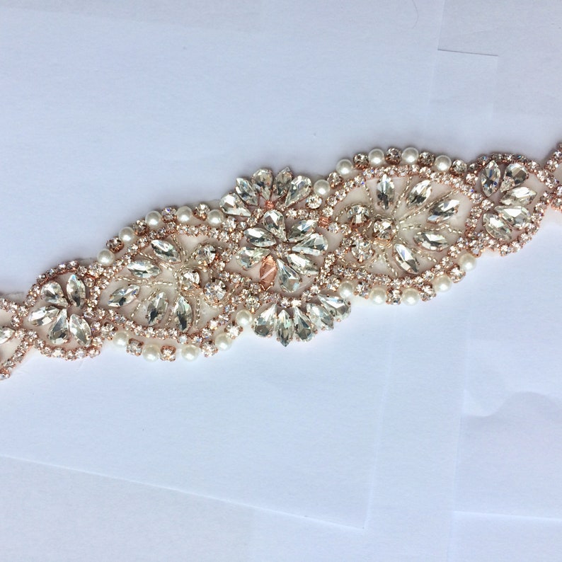 Iron On Sew On Rhinestone Crystal applique Silver Gold Pearl Rhinestone applique NO RIBBON Wedding dress long applique Rose Gold