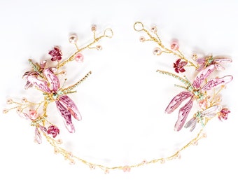 Wedding Tiara Pink Purple Dragonfly Vines, Pink Purple Tiara Wire, Bridal Hair Jewelry, Girl Wire Accessories, Wedding Supply - No ribbon