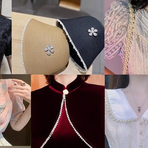 May include: A collage of elegant apparel and accessories. Featured are a black floral top, two hats with pearl trim and flower brooches, a lace blouse with pearl accents, a pink floral blouse with pearl trim, a burgundy velvet top with pearl trim, and a white blouse with pearl trim.