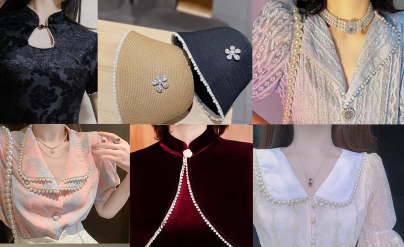 May include: A collage of elegant apparel and accessories. Featured are a black floral top, two hats with pearl trim and flower brooches, a lace blouse with pearl accents, a pink floral blouse with pearl trim, a burgundy velvet top with pearl trim, and a white blouse with pearl trim.