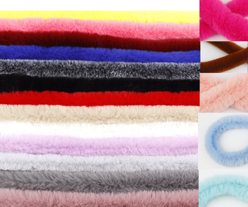 May include: Assortment of faux fur trim in various colors, including pink, blue, yellow, red, white, brown, and gray. The trim is approximately 1 inch wide and is perfect for adding a touch of luxury to any project.