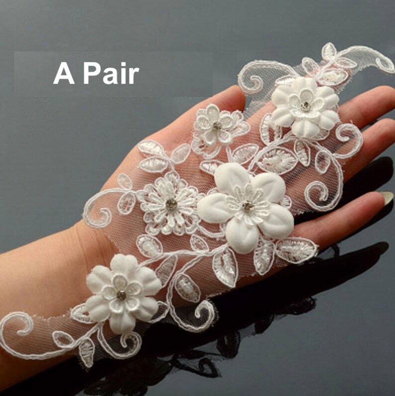 Wedding bridal applique Rhinestone lace craft Off White pearl rose lace,Lingerie lace,Gloves Craft 1 pair lace crystal applique