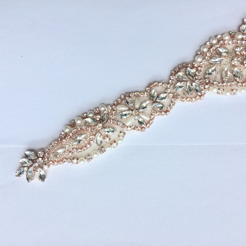 Iron On Sew On Rhinestone Crystal applique Silver Gold Pearl Rhinestone applique NO RIBBON Wedding dress long applique Rose Gold