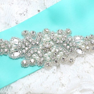 Crystal Rhinestone Pearl Applique: Iron On Wedding Sash (4&quot; x 1.7&quot;)