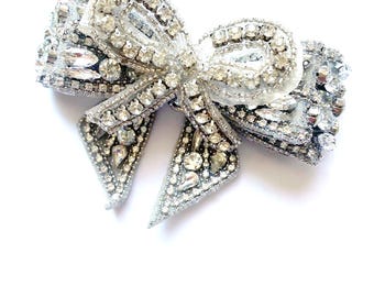 Rhinestone Crystal Bow Applique: Silver Tube Bead Embellishment