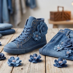 Flores de jeans feitas à mão – Flores de tecido jeans reciclado para artesanato, sapatos, apliques (4 peças)