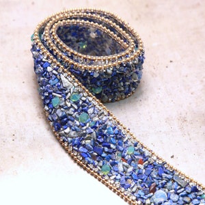 Blue Stone Rhinestone Trim: Beaded Applique, Iron On, 50cm