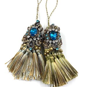 Nappa con chiave in strass per tende e mobili, nappa in stile antico vintage, accento decorativo indiano blu-verde per la casa