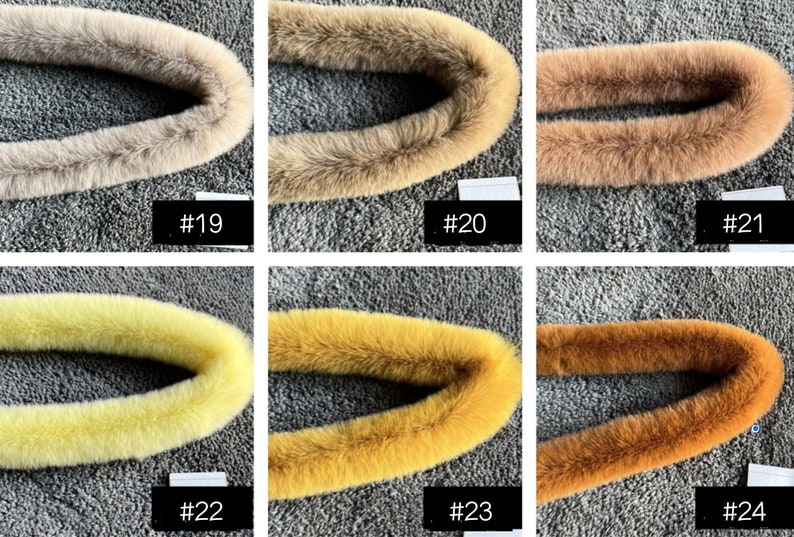 May include: Six different fur collars in various shades of brown, yellow, and beige. The collars are arranged in two rows of three, with each collar labelled with a number from 19 to 24.