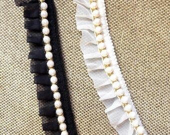 2 Yards Pearl & Black Fringe Trim: Sewing Edge Embellishment