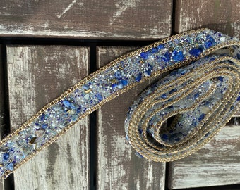 Blue Rhinestone Crystal Sash Applique: Iron On/Sew On Trim