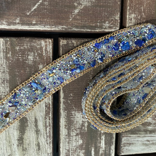 Blue Rhinestone Crystal Sash Applique: Iron On/Sew On Trim