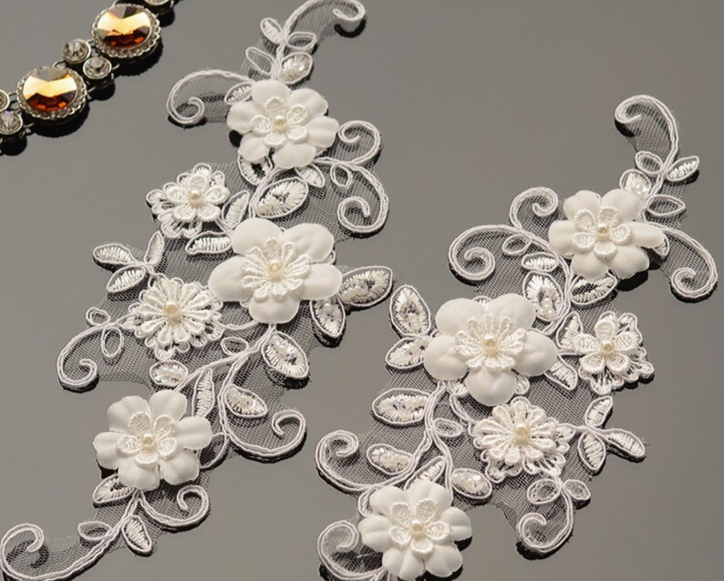 Wedding bridal applique Rhinestone lace craft Off White pearl rose lace,Lingerie lace,Gloves Craft 1 pair lace crystal applique
