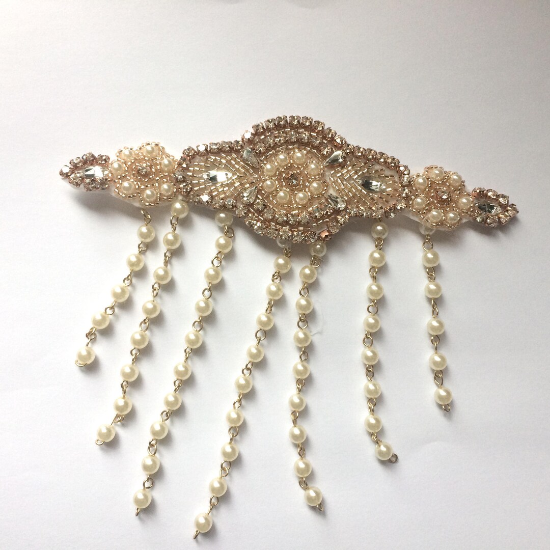 Rose Gold Applique, Rhinestone Applique, Shoulder Pearl Drop Applique