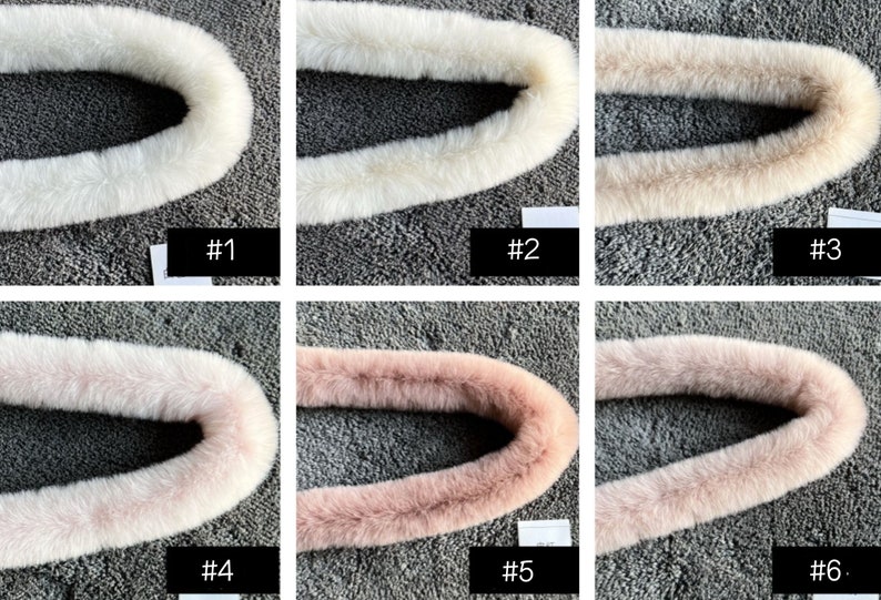 May include: Six different fur collars in various shades of white and pink. The collars are arranged in two rows of three, with each collar labelled with a number from 1 to 6.
