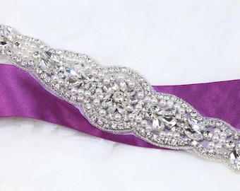 Crystal Rhinestone Pearl Wedding Dress Belt Applique (11.6" x 2.2")