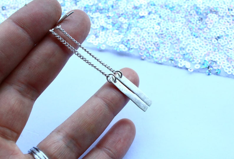 Hammered Silver Chain Bar Earrings Solid Sterling Long Drop