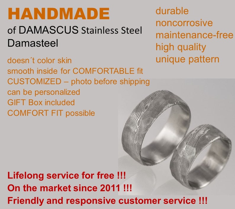 Custom Made Hammered DAMASCUS Wedding Band for Woman or Man HANDMADE Stainless Damascus steel band Mens Engagement Ring Natura white