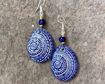 Champa Handmade Ceramic Earrings in Three Divine Blues