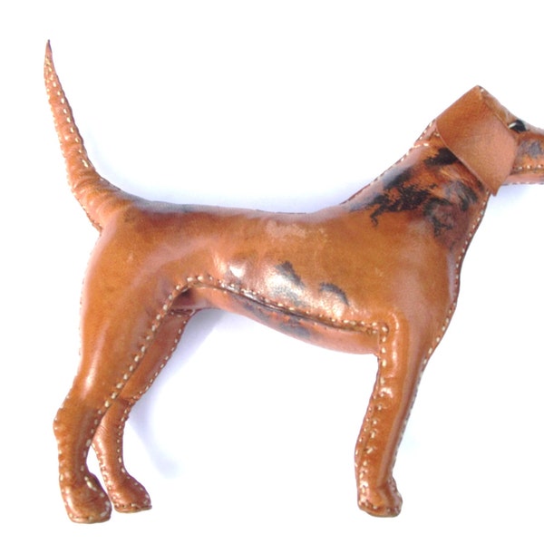 Rare vintage Edith Reynolds hand stitched miniature leather hound dog model toy (5.5ins high). Harrods, Hamleys, Fortnum and Mason.