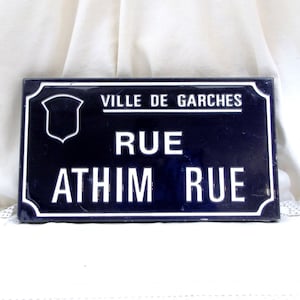 Vintage French Embossed Blue and White Enamel Metal Street Sign &quot;Athim Rue&quot; Street in the Town of Garches near Paris, Porcelain Sign France