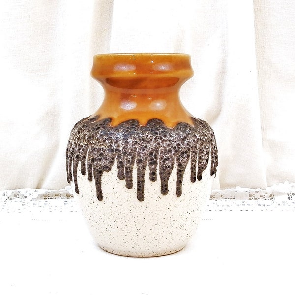 Vintage West German Bay Keramik Mid Century Ceramic Lava Vase with Drips, Amber Black and Eggshell White Glaze, Retro 1960s Pottery