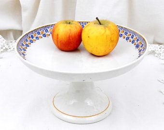 Antique French Porcelain Tazza Cake Stand White with a Simple Blue and Yellow Motif, Vintage Country Farmhouse Cottage Ceramic China Decor
