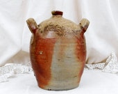 Large Antique French Hand Made Stoneware Salt Glaze Bottle Carboy with 2 Handles, Rustic Primitive Ceramic Bottle, China Demi John Vase