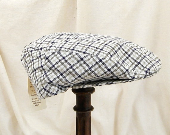 Vintage French Unused Chequered Cotton Cloth Flat Cap Size 60, Retro Gavroche Hat from France, La Casquette Francaise Rural Country Fashion