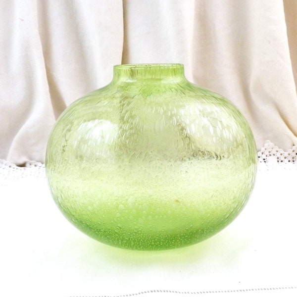 Vintage Large Round Green Bubble Glass Minimalist Vase, Retro French Biot Boule Style Air Encased Glass Vase, Collectible Art Glassware