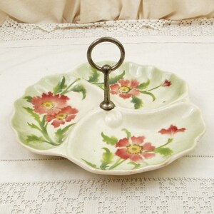 Antique French 1920s Ceramic Compartment Dish With Metal Carrying Handle and Flower Pattern, Retro Divided Biscuit Tray from France