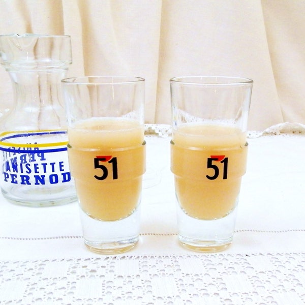 2 Vintage French Pastis 51 Glasses, Pair French Aperitif Glasses, Pernod Ricard Drinks Glass, Traditional Provencal Drinksware from France