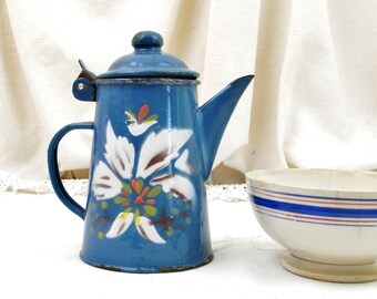 Small French Antique Hand Painted Blue Enamel Coffee Pot, Tiny Enamelware Cafetiere with Flower Pattern from France, Old Toy Metal Tea Pot