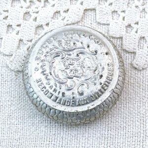 Small Antique French Round Embossed Silver Tone Metal Box Sucre Edulcor, Tiny Vintage Candie Tin From France, Flea Market Home Decor