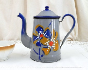 Antique French Painted Flower Pattern Blue Porcelain Enamel Goose Neck Coffee Pot, Enamelware Cafetiere from France, Country Kitchen Decor