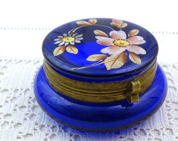 Small Vintage French Hand Painted Blue Glass Trinket Box with Pink Flower Pattern, Retro Cobalt Blue Ornamental Little Jewelry Box France