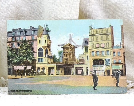 French Unused Antique Colored Black and White Postcard of Famous Parisian Monument, Retro Photograph of Cancan Dancing Dancehall from Paris