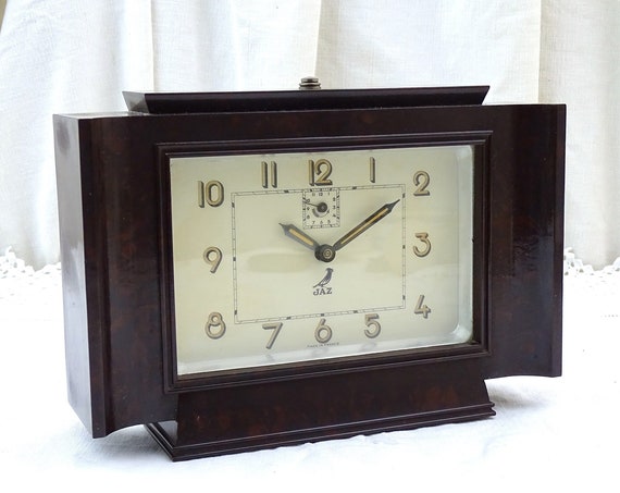 Vintage French Working Art Deco Bakelite Mantel Clock by Jaz with Alarm, Retro 1930s Bedside Mechanical Alarm Clock, Wind Up Time Piece