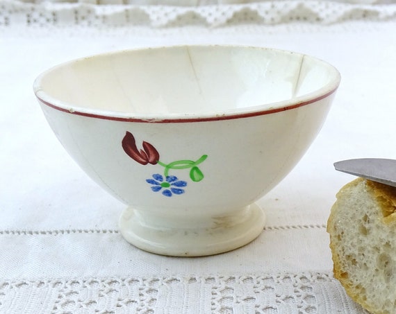 Small Antique French White Footed Cafe au Lait Bowl by Digoin with Hand Painted Flower Pattern, Vintage Coffee Bowl France, Farmhouse Decor