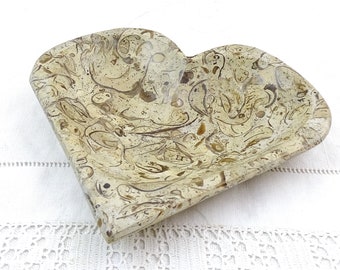 Vintage Carved Fossil Stone Heart Shaped Soap Dish, Old Rock Bathroom Decor, Retro Curio Mineral Ashtray, Trinket Bowl from France