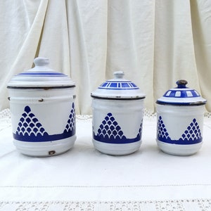 Antique French Chippy Blue and White Enamelware 3 Piece Canister Set, Retro Enamel Kitchen Decor France, Old Style Metal Storage Containers