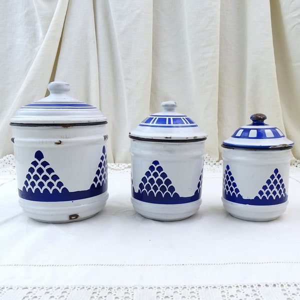 Antique French Chippy Blue and White Enamelware 3 Piece Canister Set, Retro Enamel Kitchen Decor France, Old Style Metal Storage Containers